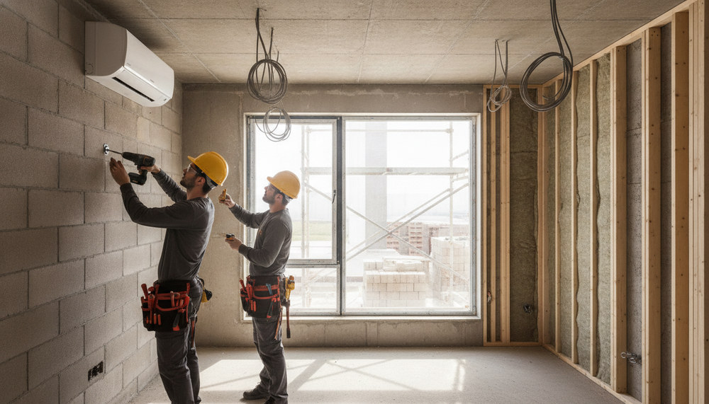 A construction site at the rough work stage featuring skilled technicians installing air conditioning units. In the foreground, focus on two professionals dressed in safety helmets and work attire, diligently working on a wall-mounted AC unit. They use tools like drills and laser measures, showcasing their expertise. The middle ground displays a partially finished room, with exposed insulation and electrical wiring, illustrating the preliminary construction phase. The background reveals bricks and scaffolding, enhancing the industrial atmosphere. Natural lighting streams through an open window, casting soft shadows. The overall mood reflects focused professionalism and the meticulous nature of installation work, emphasizing attention to detail and safety. The image should be photorealistic with accurate details in natural colors.