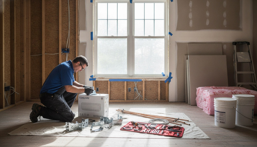 A professional setting showcasing preparations for installing an air conditioner during a renovation. In the foreground, a technician wearing a work uniform inspects installation tools and equipment, including brackets, pipes, and an air conditioner unit. The middle ground reveals a partially renovated room with exposed walls, electrical wiring, and a window where the unit will be placed. Natural daylight filters through, creating a bright and inviting atmosphere. In the background, construction materials like drywall and insulation are visible, emphasizing the renovation theme. The scene has a photorealistic quality with accurate details, capturing the mood of diligence and professionalism in home improvement.